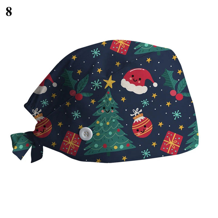 Scrub Cotton Nurse Hat Floral Bouffant Sanitary Cap with Sweatband Cartoon Printing Nursing Confortable Hat Christmas Hat