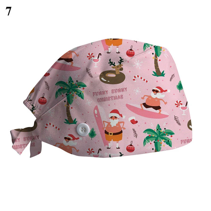 Scrub Cotton Nurse Hat Floral Bouffant Sanitary Cap with Sweatband Cartoon Printing Nursing Confortable Hat Christmas Hat