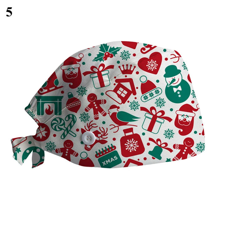 Scrub Cotton Nurse Hat Floral Bouffant Sanitary Cap with Sweatband Cartoon Printing Nursing Confortable Hat Christmas Hat