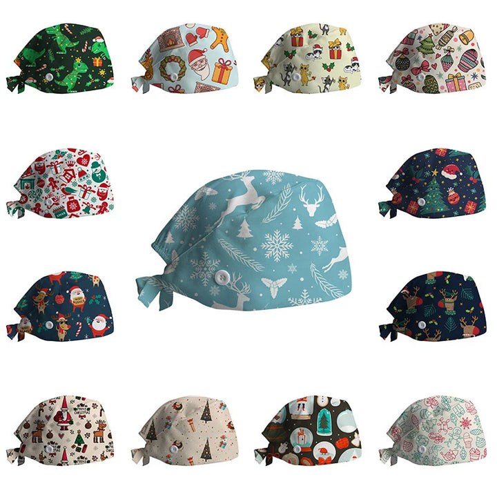 Scrub Cotton Nurse Hat Floral Bouffant Sanitary Cap with Sweatband Cartoon Printing Nursing Confortable Hat Christmas Hat