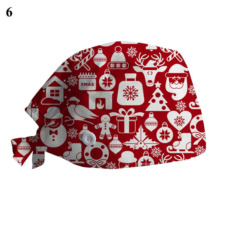 Scrub Cotton Nurse Hat Floral Bouffant Sanitary Cap with Sweatband Cartoon Printing Nursing Confortable Hat Christmas Hat