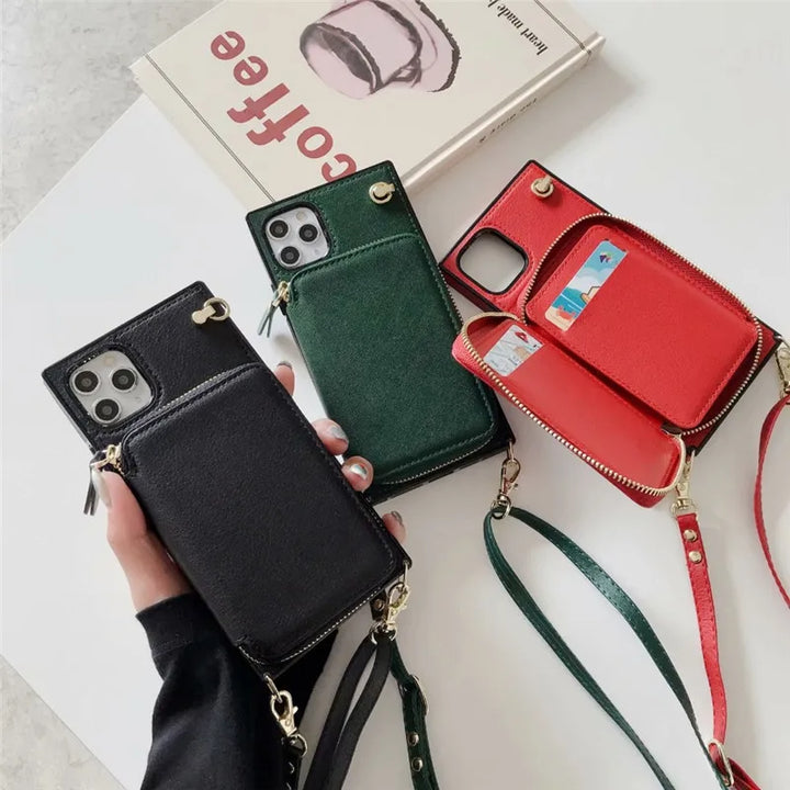 Case For Iphone 15 14 13 12 Mini 11 pro xs max Xr 7 8plus Se 2020 Cover Wallet Card Holder Leather Shoulder Strap Belt Phone Bag