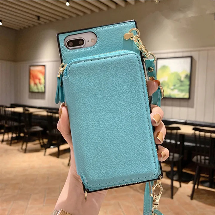 Case For Iphone 15 14 13 12 Mini 11 pro xs max Xr 7 8plus Se 2020 Cover Wallet Card Holder Leather Shoulder Strap Belt Phone Bag