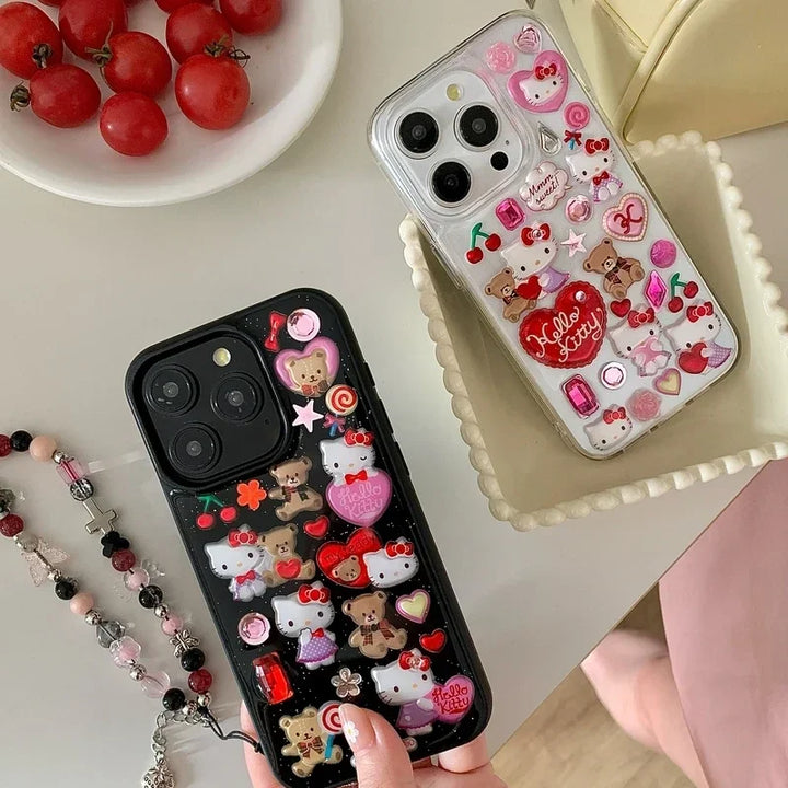 3D Cute Cartoon Sanrio Y2K Hello Kitty Sticker Bling Glitter Phone Case For iPhone 15 14 13 12 11 Pro Max Transparent Soft Cover