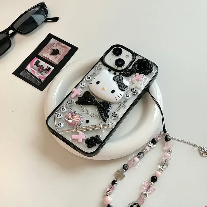 Kawaii Cute 3D Sanrio Y2K Hello Kitty Transparent Phone Case For iPhone 15 14 Pro 13 12 11 Pro Max Shockproof Cover With Lanyard