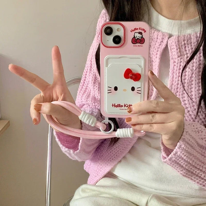 3D Cute Cartoon Sanrio Hello Kitty Card Pocket Phone Case For iPhone 15 14 13 12 11 Pro Max Soft TPU Cover With Pink lanyard