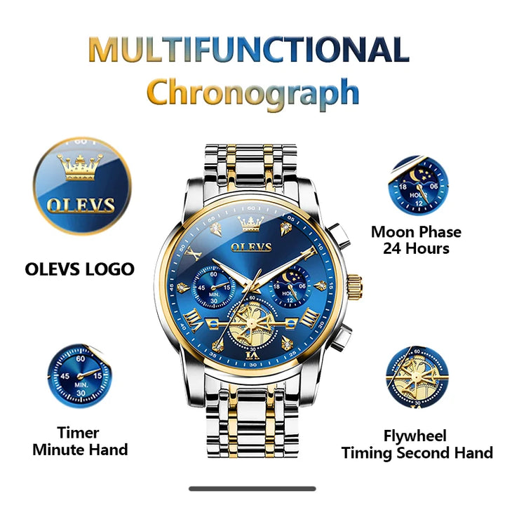 OLEVS Men's Watches Classic Multifunctional Fltwheel Chronograph Original