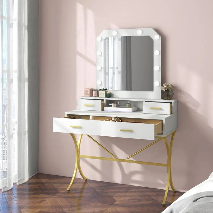Vanity Table with Lighted Mirror & 10 LED Bulbs – Stylish Makeup Desk with 4 Storage Drawers