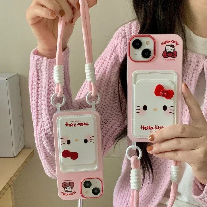 3D Cute Cartoon Sanrio Hello Kitty Card Pocket Phone Case For iPhone 15 14 13 12 11 Pro Max Soft TPU Cover With Pink lanyard