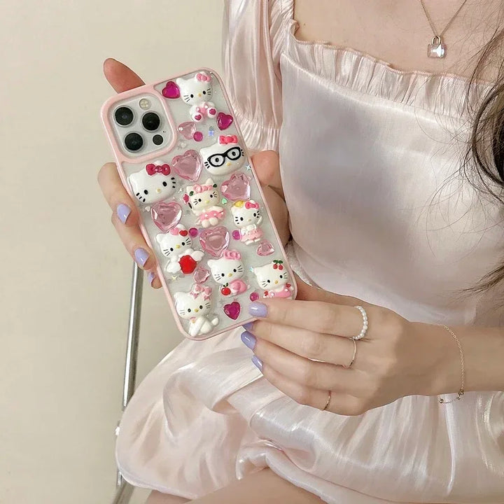 Kawaii Cute 3D Sanrio Hello Kitty Glitter Diamond Transparent  Phone Case For iPhone 15 14 Pro 13 12 11 Pro Max Shockproof Cover