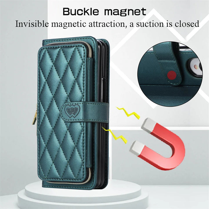 High Capacity Card Holder Wallet Case for Samsung Galaxy Z Fold 5 Fold4 Fold3 Funda Crossbody Lanyard Zipper Buckle Magnet Cover