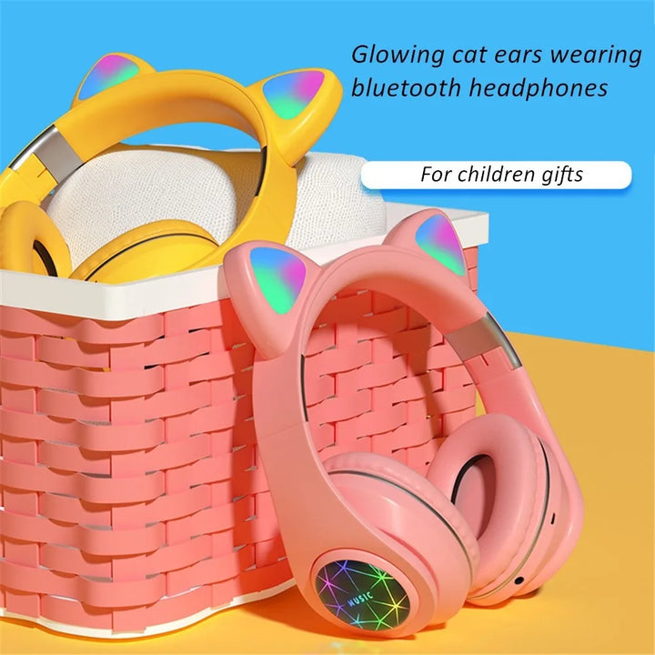 Shoumi Cat Ear Headphones Flashing Light Wireless Headset Bluetooth Cats Earphone LED Flash Helmet with Microphone for Kids Gift