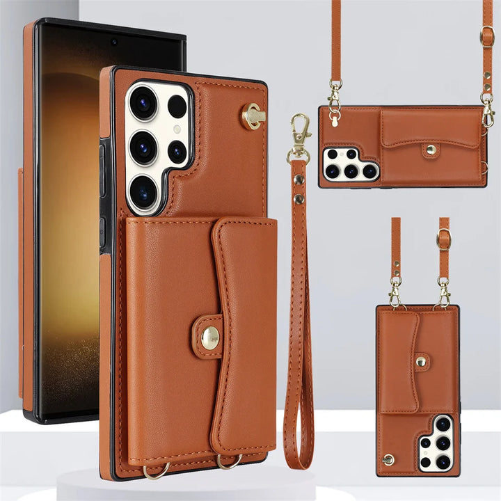 For Samsung Galaxy S23 S22 s10 s9 plus s20 FE s21 Note 9 10 Pro 20 Ultra Case Lanyard Shoulder Strap Holder Credit Card Slot Lea