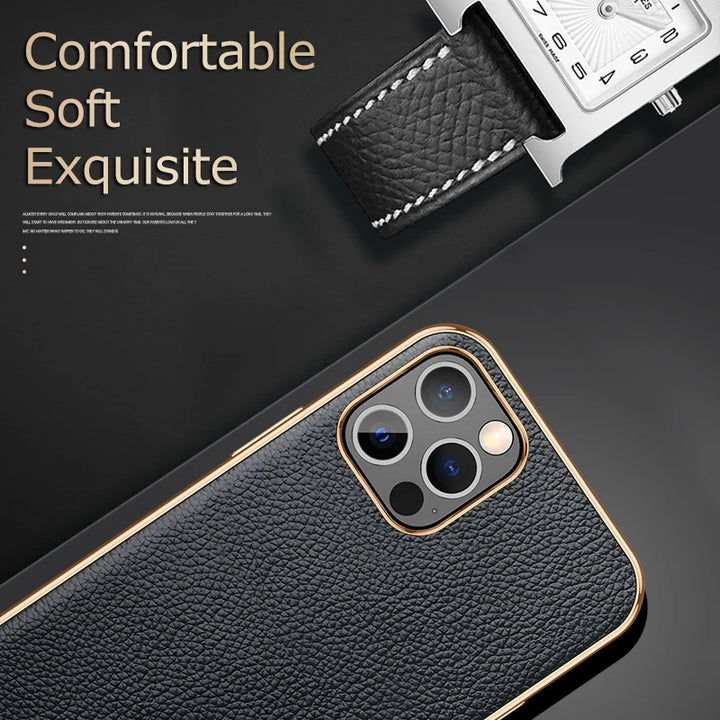 Luxury Leather Texture Phone Case For Iphone 14 Plus 13 12 Mini 11 14 Pro Max X XS TPU Shockproof Plating Frame Protection Cover