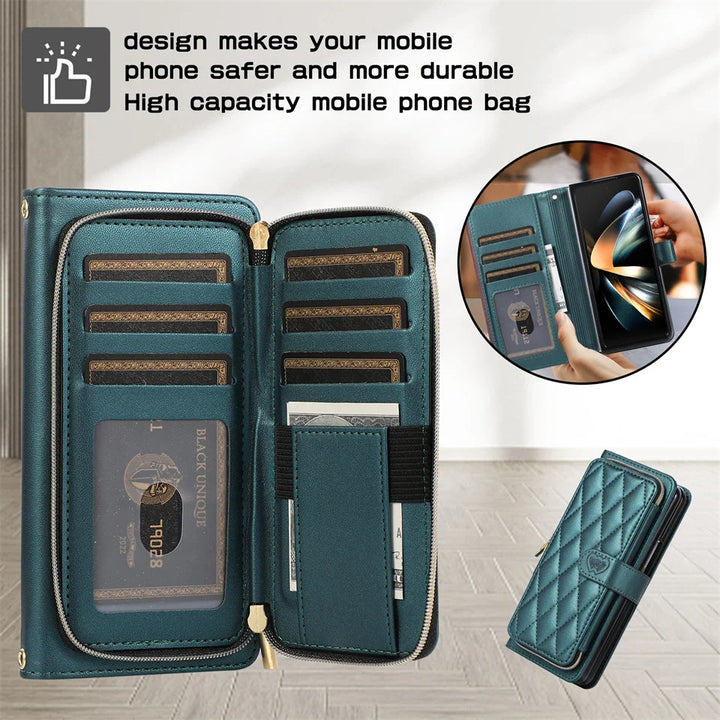 High Capacity Card Holder Wallet Case for Samsung Galaxy Z Fold 5 Fold4 Fold3 Funda Crossbody Lanyard Zipper Buckle Magnet Cover