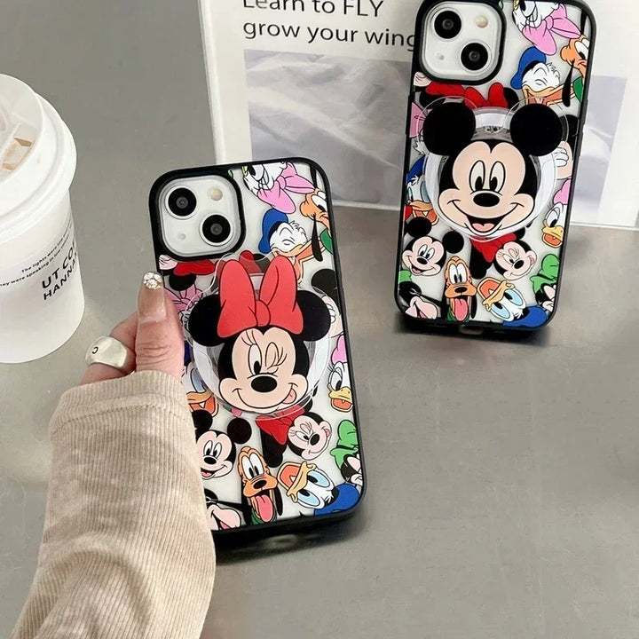 Disney Mickey Minnie Mouse Magnetic Bracket Magsafe Wireless Charge Phone Case For iPhone 15 14 13 12 11 Pro Max Clear Cover