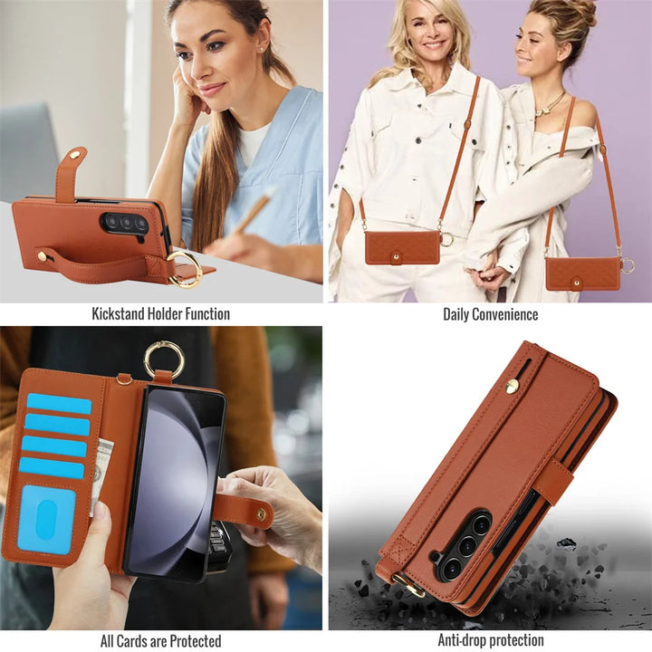 Crossbody Cards Solt Wallet Leather Ring Hold Case For Samsung Galaxy Z Fold 6 5 4 3 5G Wristband Strap S Pen Holder RFID Cover