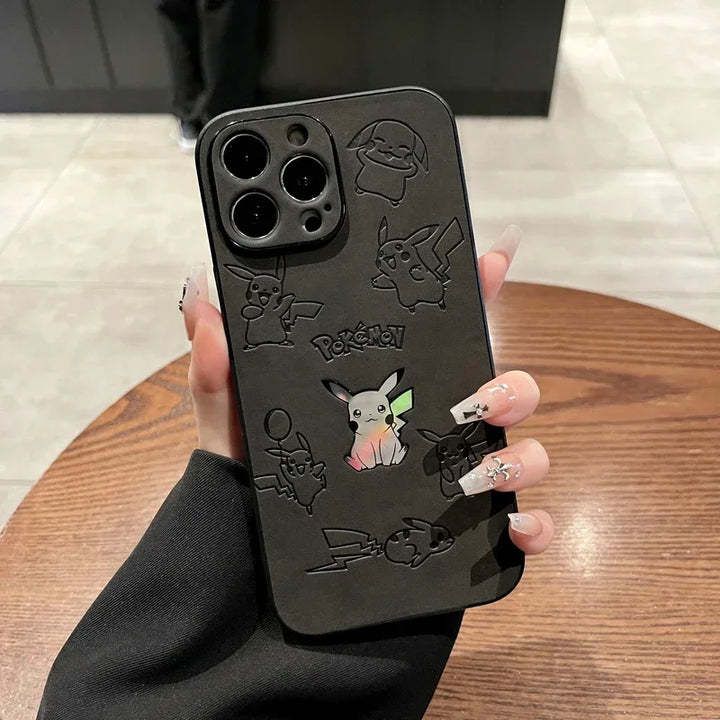 Pocket Monsters Pokemon Pikachu relief laser Leather Phone Case For iPhone 15 14 13 12 11 Pro Xs Max X Xr Xs 7 8 Puls Soft Cover