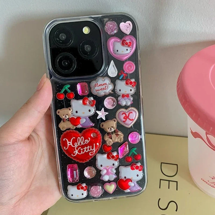 3D Cute Cartoon Sanrio Y2K Hello Kitty Sticker Bling Glitter Phone Case For iPhone 15 14 13 12 11 Pro Max Transparent Soft Cover