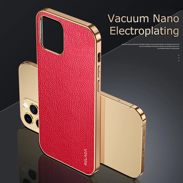 Luxury Leather Texture Phone Case For Iphone 14 Plus 13 12 Mini 11 14 Pro Max X XS TPU Shockproof Plating Frame Protection Cover