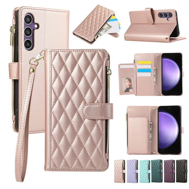 Crossbody Zipper Cards Solt Wallet Leather Case For Samsung S24 Ultra S23 FE S22 Plus S21 A55 A15 A25 A35 A24 Lanyard Bag Cover