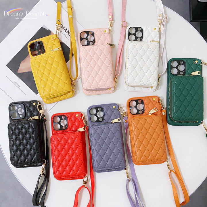 Lanyard Crossbody Rhombic MINI Wallet Shoulder Strap Case For iphone 15 14 Plus 13 12 11 Pro Max Cover PU leather Phone Bag