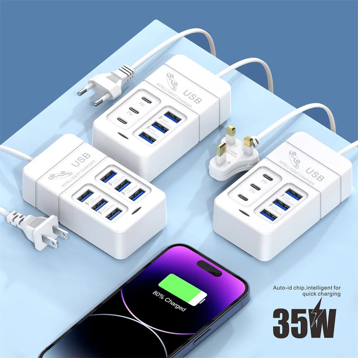 35W USB PD Charger 6 Ports Fast Charging Travel Charger For iPhone Samsung Xiaomi Phone Adapter Quick Charge3.0 Charging Station