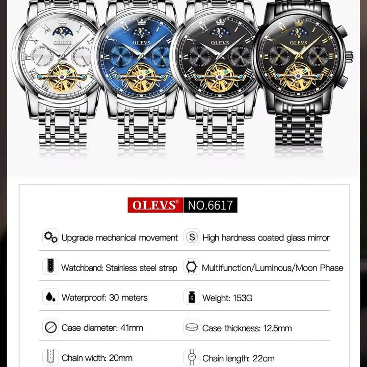 OLEVS Automatic Watch for Men Skeleton Tourbillon Mechanical