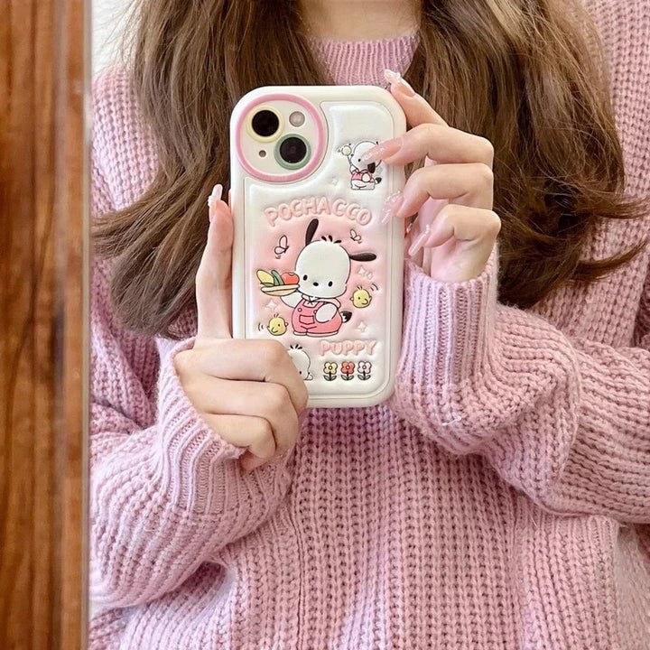 3D Cute Cartoon Sanrio Sweet Cool Pochacco Embossed Leather Phone Case For iPhone 15 14 13 12 11 Pro Max Shockproof Soft Cover