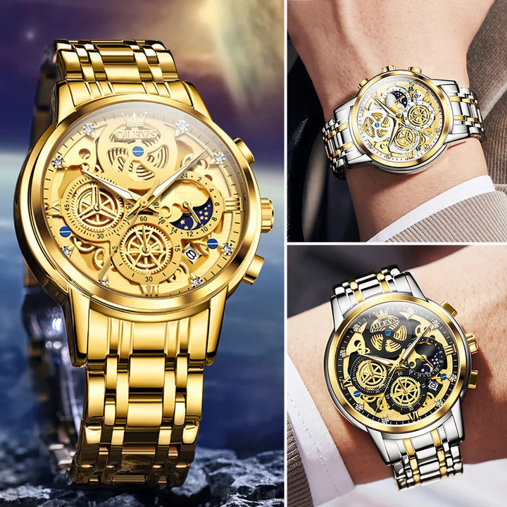 OLEVS Men's Watches Top Brand Luxury Original Waterproof Quartz Watch for Man Gold