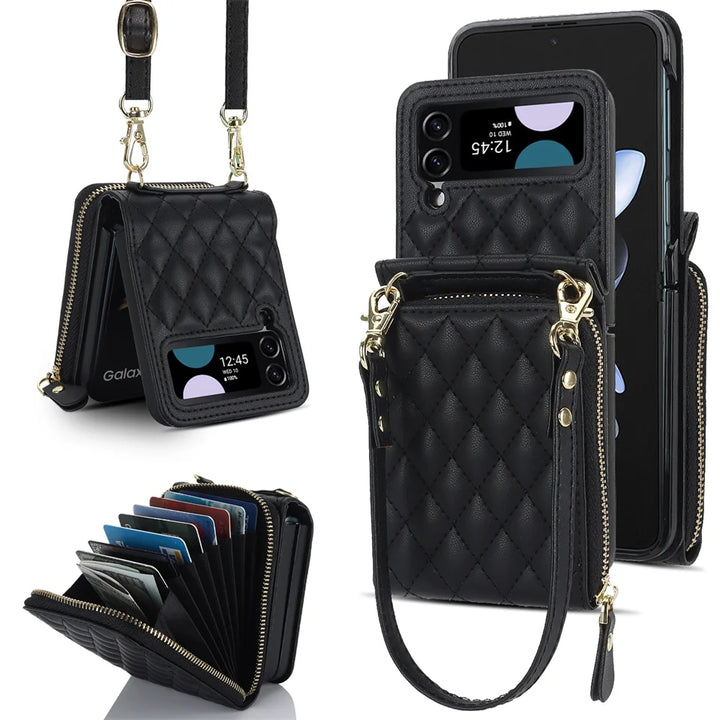 Multi-functional Crossbody Leather Zipper Wallet Cards Solt Case For Samsung Galaxy Z Flip 5 4 3 5G Cover Long Rope Lanyard Card