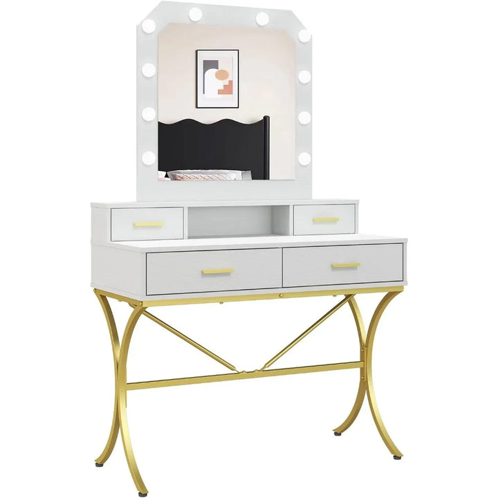 Vanity Table with Lighted Mirror & 10 LED Bulbs – Stylish Makeup Desk with 4 Storage Drawers
