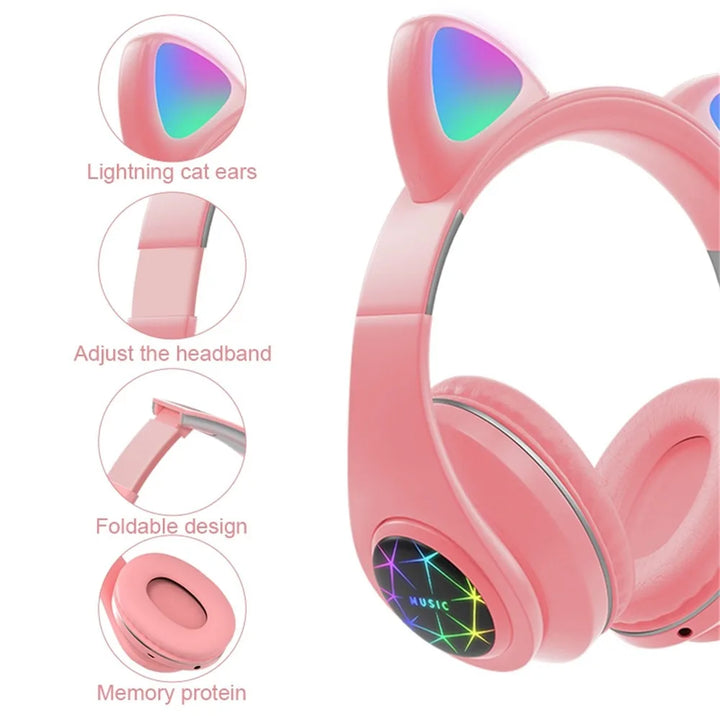 Shoumi Cat Ear Headphones Flashing Light Wireless Headset Bluetooth Cats Earphone LED Flash Helmet with Microphone for Kids Gift