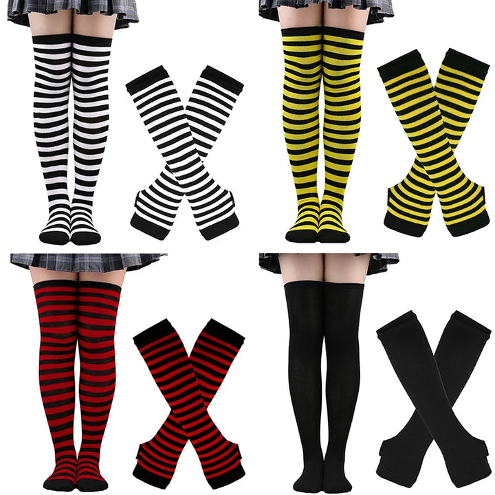 1Set Women Gothic Punk Over Knee Long Stripe Socks Girl Arm Sleeve Emo Gloves Thigh High Cotton Socks Sweet Cute Christmas Gift