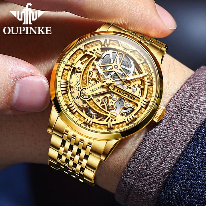 OUPINKE TOP Brand Men's Automatic Mechanical Watch Full Hollow Design