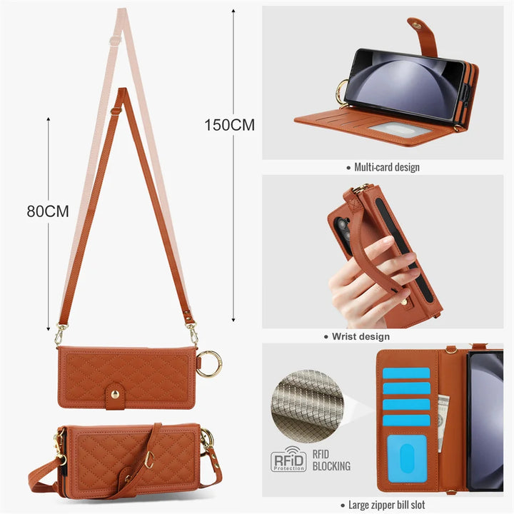 Crossbody Cards Solt Wallet Leather Ring Hold Case For Samsung Galaxy Z Fold 6 5 4 3 5G Wristband Strap S Pen Holder RFID Cover