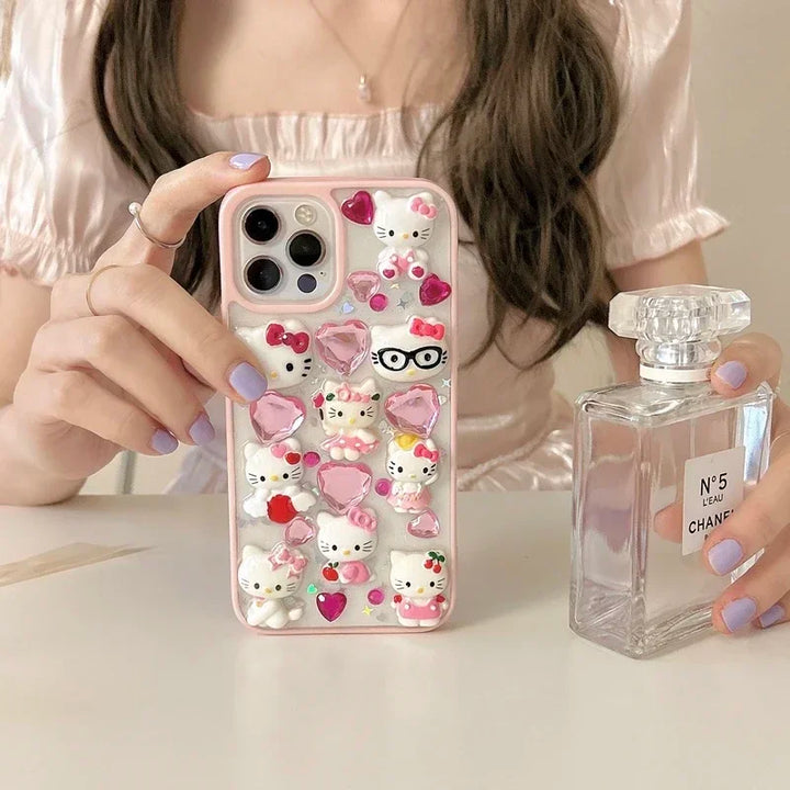 Kawaii Cute 3D Sanrio Hello Kitty Glitter Diamond Transparent  Phone Case For iPhone 15 14 Pro 13 12 11 Pro Max Shockproof Cover