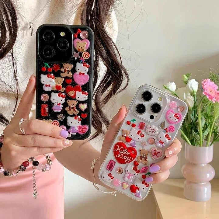 3D Cute Cartoon Sanrio Y2K Hello Kitty Sticker Bling Glitter Phone Case For iPhone 15 14 13 12 11 Pro Max Transparent Soft Cover