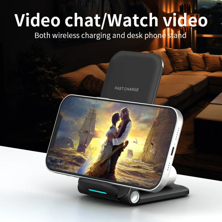 GTIMLMC 3 in 1 Wireless Charger Foldable 3in1 Phone Stand 15W Fast Charging Station for iPhone 15 Samsung Galaxy S24 Xiaomi 14