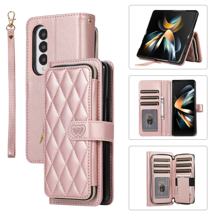 High Capacity Card Holder Wallet Case for Samsung Galaxy Z Fold 5 Fold4 Fold3 Funda Crossbody Lanyard Zipper Buckle Magnet Cover