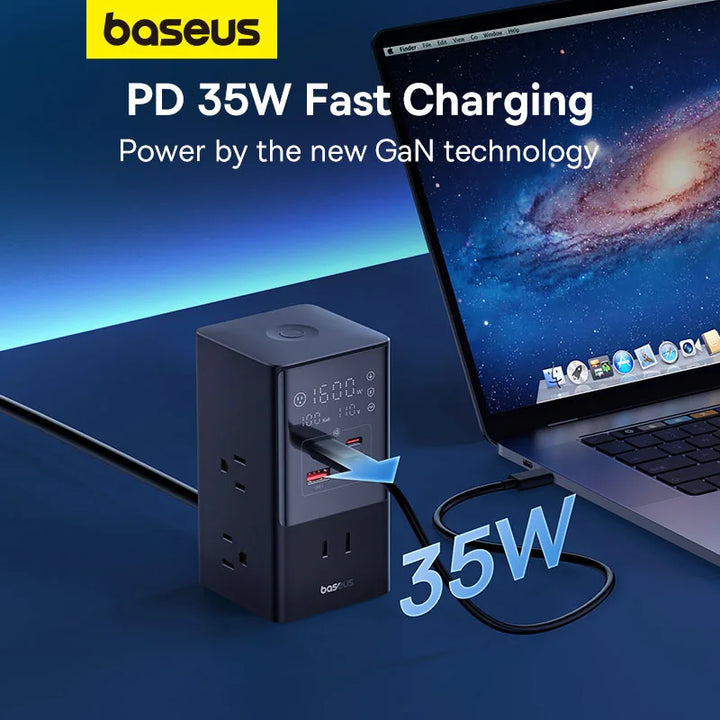 Baseus 35W Fast Charger Digital Power Strip 7-in-1 Charging Station 4000W Rated Power Digital Display For iPhone 15 14 Pro Max