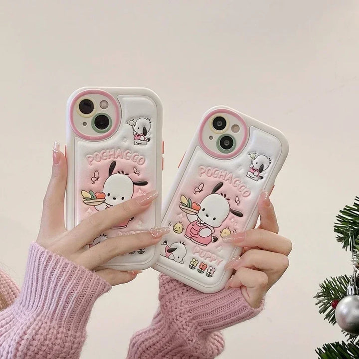 3D Cute Cartoon Sanrio Sweet Cool Pochacco Embossed Leather Phone Case For iPhone 15 14 13 12 11 Pro Max Shockproof Soft Cover