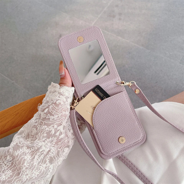 Shoulder Strap Leather Case For iPhone 15 14 plus 13 12 11 Pro Max Ring Card Slot Holder Mirror Stand Wallet Lanyard Phone Cover