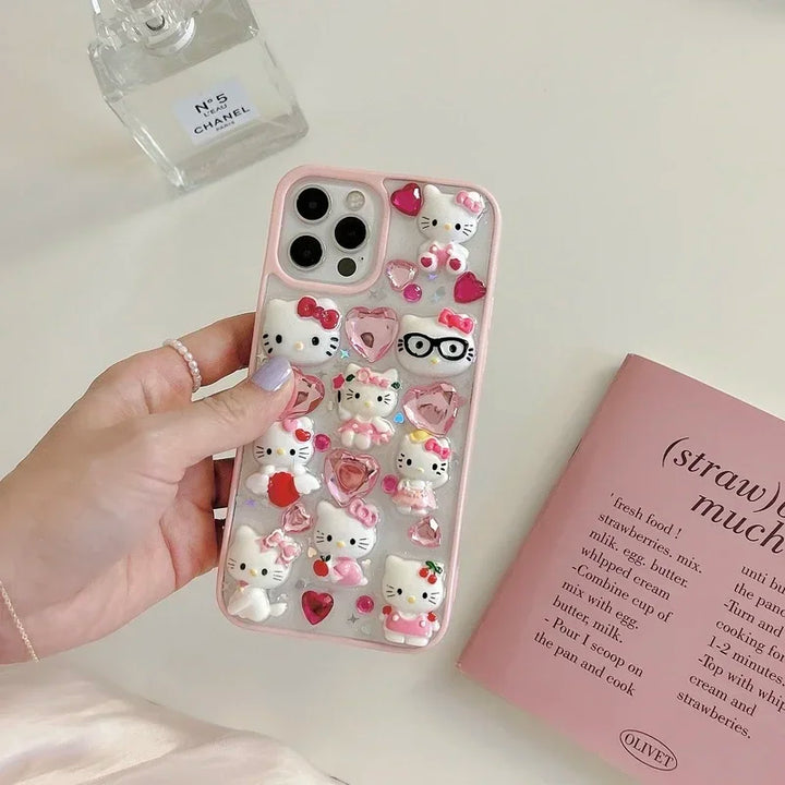 Kawaii Cute 3D Sanrio Hello Kitty Glitter Diamond Transparent  Phone Case For iPhone 15 14 Pro 13 12 11 Pro Max Shockproof Cover