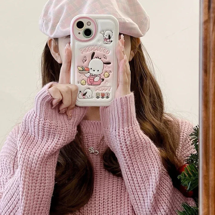 3D Cute Cartoon Sanrio Sweet Cool Pochacco Embossed Leather Phone Case For iPhone 15 14 13 12 11 Pro Max Shockproof Soft Cover