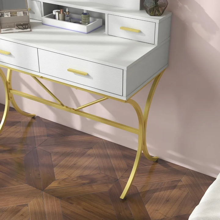 Vanity Table with Lighted Mirror & 10 LED Bulbs – Stylish Makeup Desk with 4 Storage Drawers