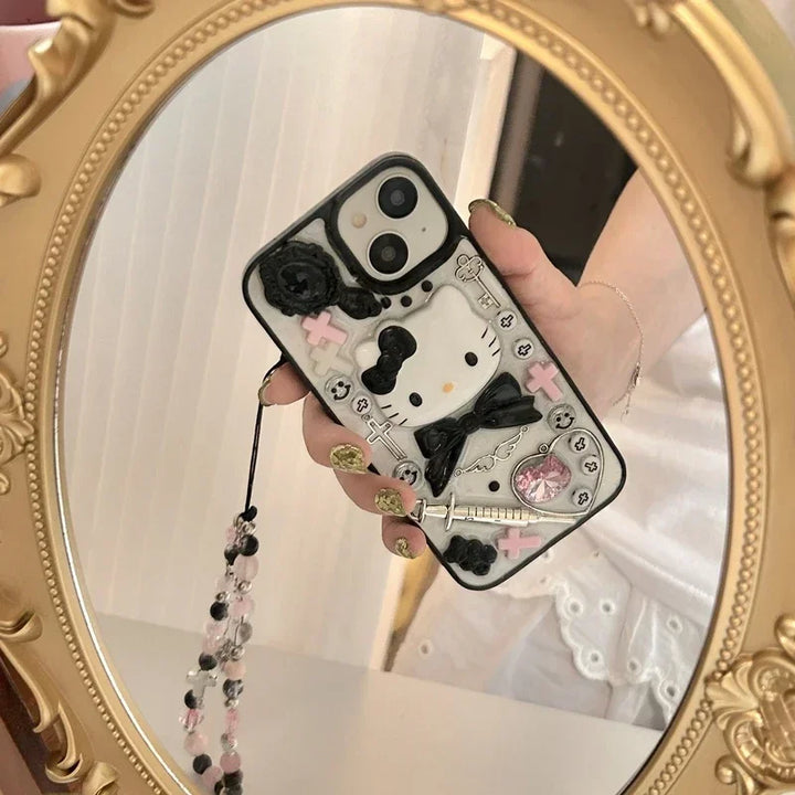 Kawaii Cute 3D Sanrio Y2K Hello Kitty Transparent Phone Case For iPhone 15 14 Pro 13 12 11 Pro Max Shockproof Cover With Lanyard