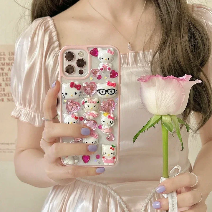 Kawaii Cute 3D Sanrio Hello Kitty Glitter Diamond Transparent  Phone Case For iPhone 15 14 Pro 13 12 11 Pro Max Shockproof Cover