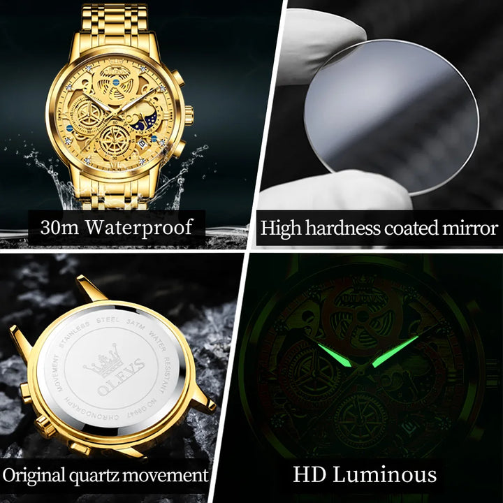 OLEVS Men's Watches Top Brand Luxury Original Waterproof Quartz Watch for Man Gold