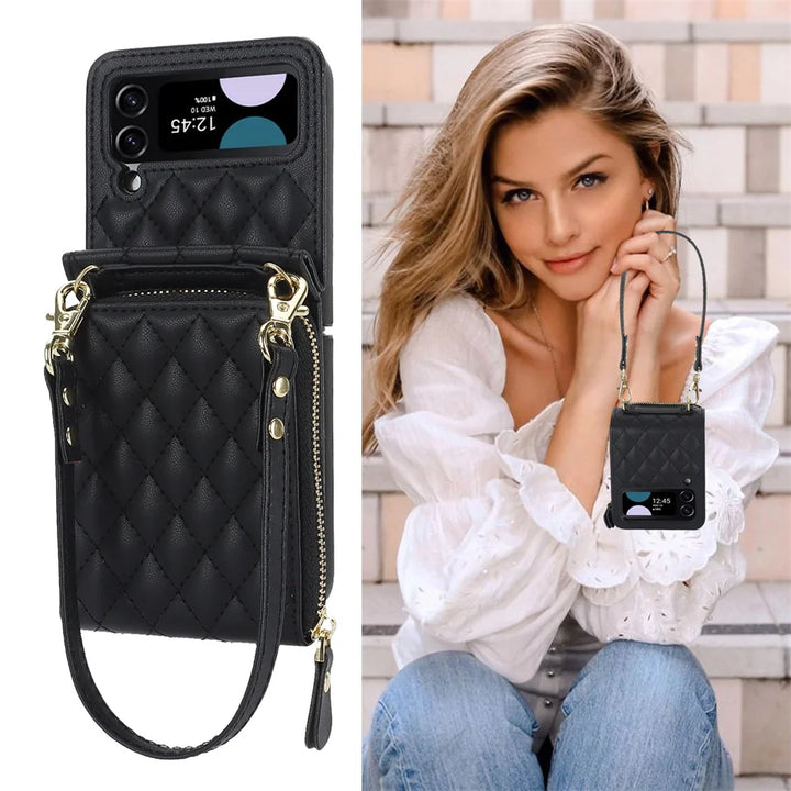 Multi-functional Crossbody Leather Zipper Wallet Cards Solt Case For Samsung Galaxy Z Flip 5 4 3 5G Cover Long Rope Lanyard Card